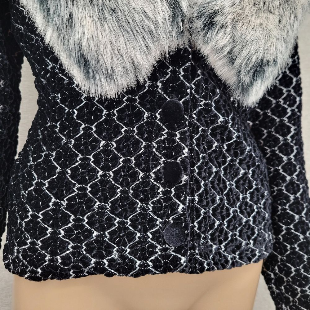 Cache Vintage Black Velvet and Gray Faux Fur Women's Carigan Sweater - Picture 4 of 13